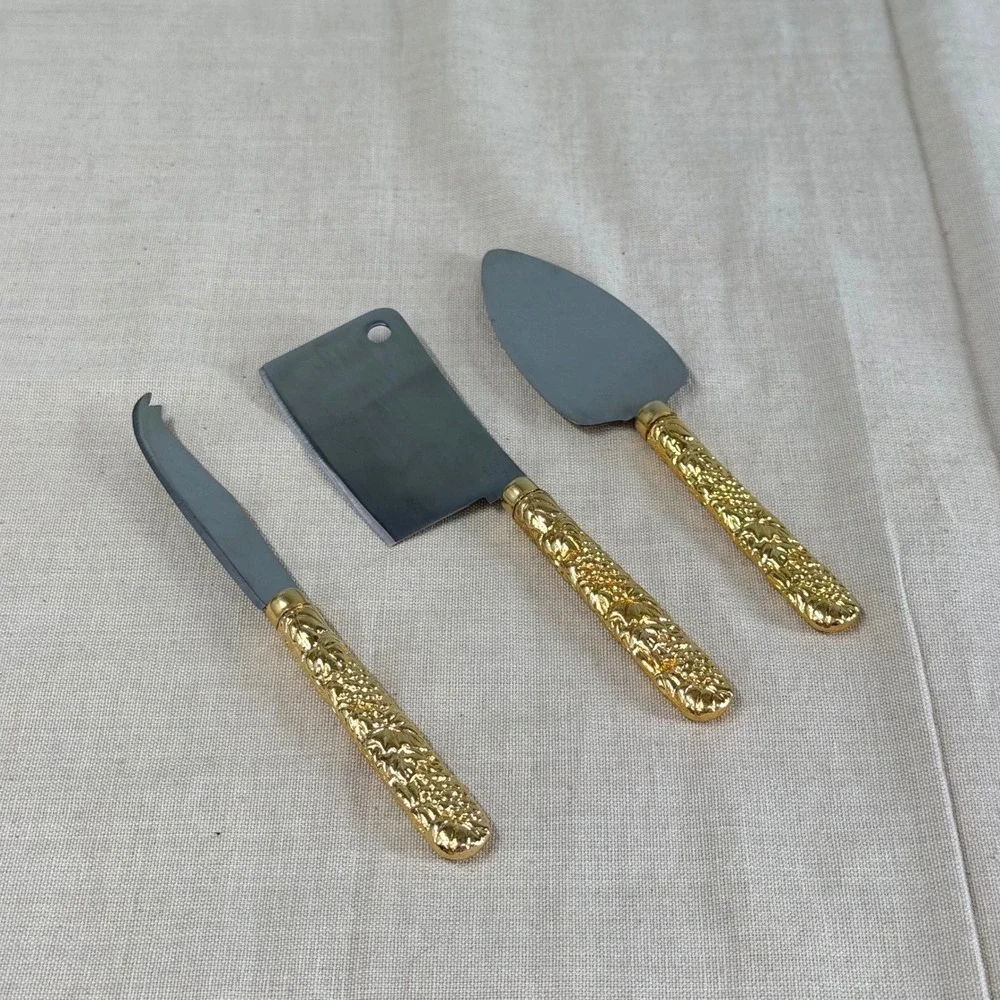 Vintage 3pc Cheese Knife Set Gold Grape Vine Handles Stainless Steel Taiwan